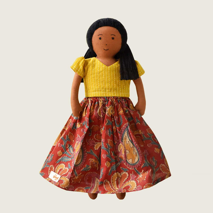 Nilah's (Elder Sister) Malai In Yellow & Orange Dress | Soft Hand-Stitched Sustainable Indian Play Doll