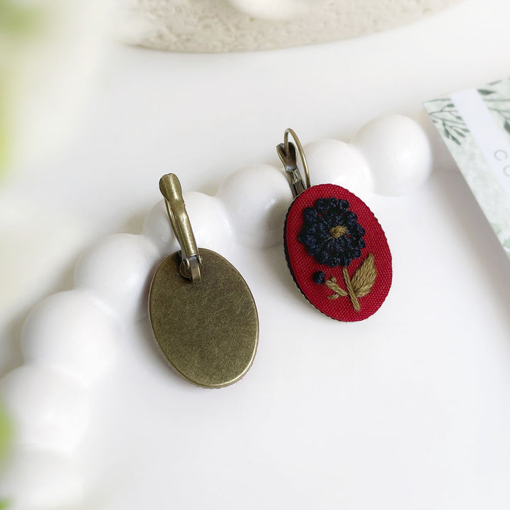 Hand Embroidered Merry Maroon Bronze Tone Earrings