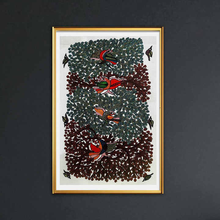 15 x 22 Inch | Birds & Leaves | Original Hand Painted Tribal Gond Art Painting | Acrylic Paints On Paper