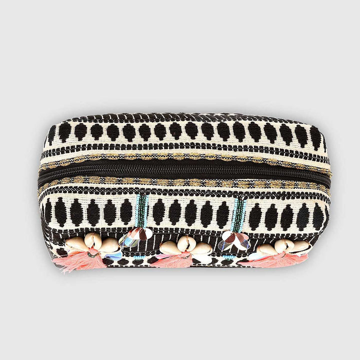 Handmade Embroidered Black And White Jacquard Pouch