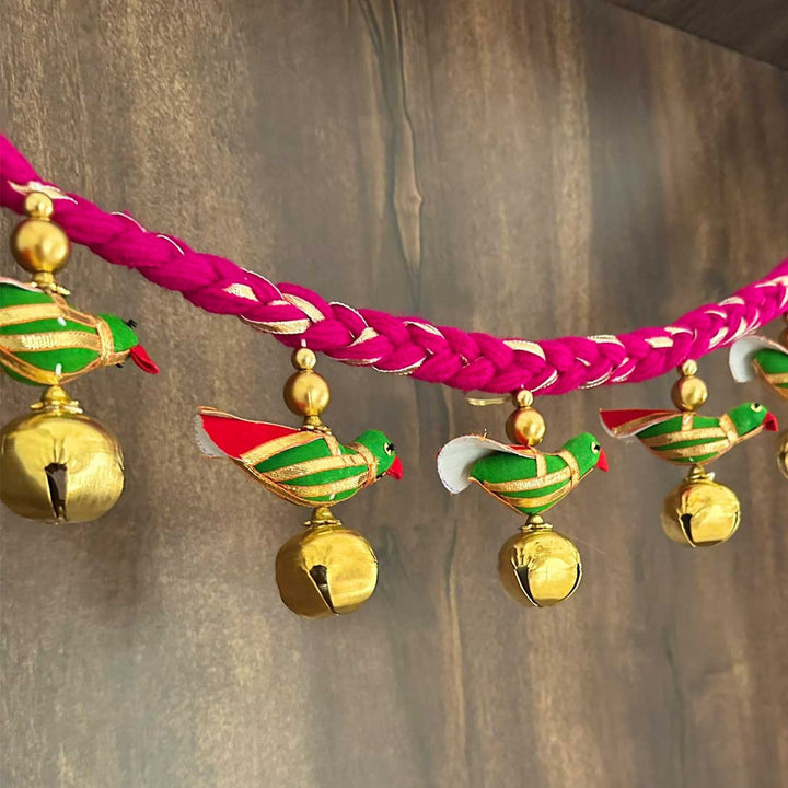 Handmade Pink Mauli Thread & Wool Toran With Ghungroo & Parrot For Festive Decor