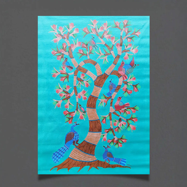 24 x 36 Inch | A Tree of Peacocks | Original Hand painted Tribal Gond Art Painting | Acrylic Paints On Canvas
