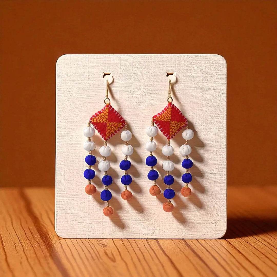 Handmade Textile Art Round Tassels Dupion Silk Fabric Earrings