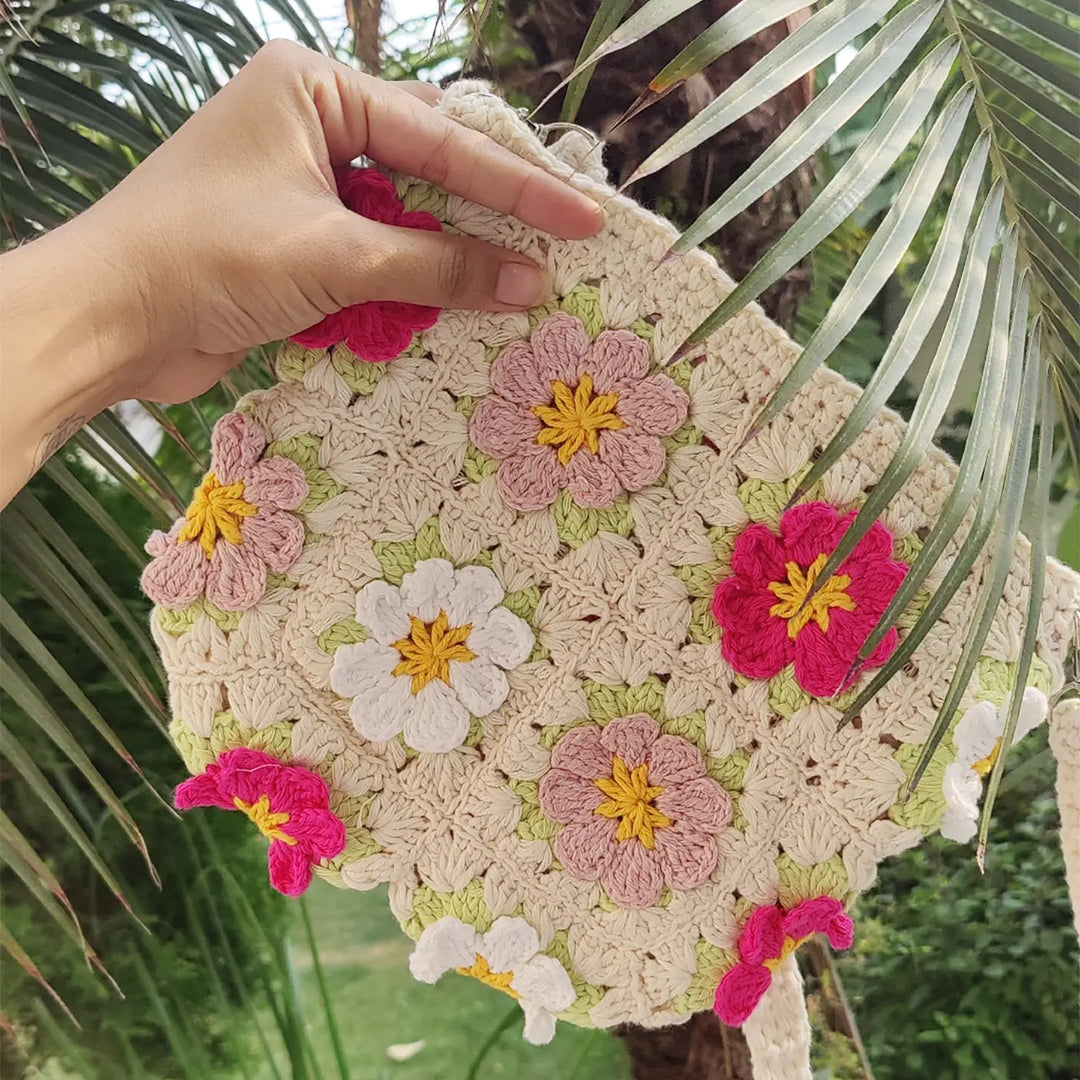 Handmade Crochet Flower Design Cotton Sling Bag