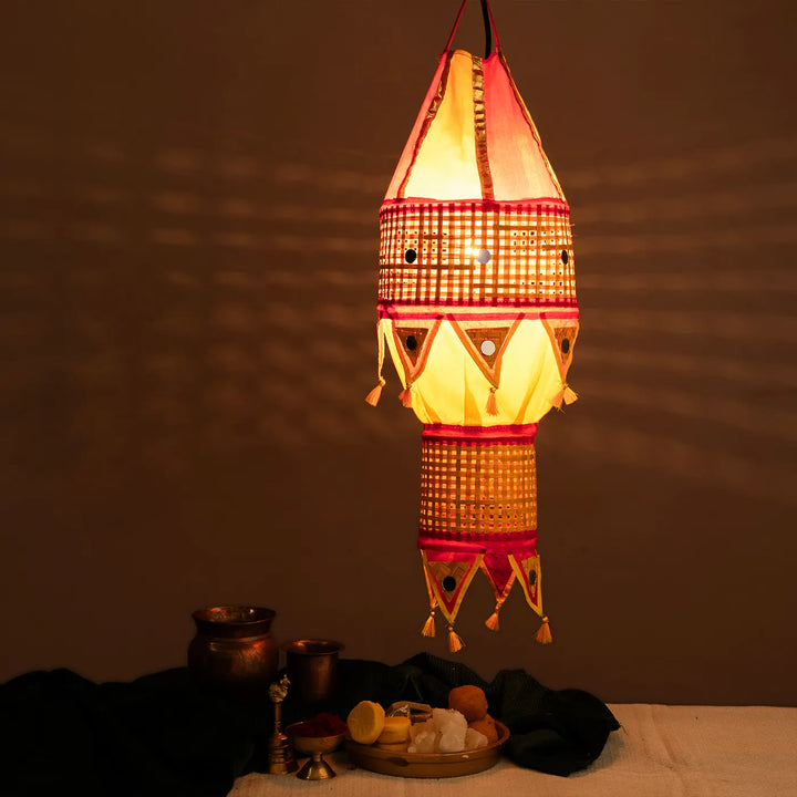 Red & Yellow Lantern Shaped Handmade Woven Bamboo Hanging Lampshade