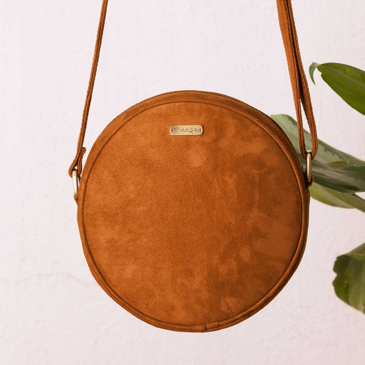 Personalized Embroidered Tan Brown Denim Floral Round Sling Bag