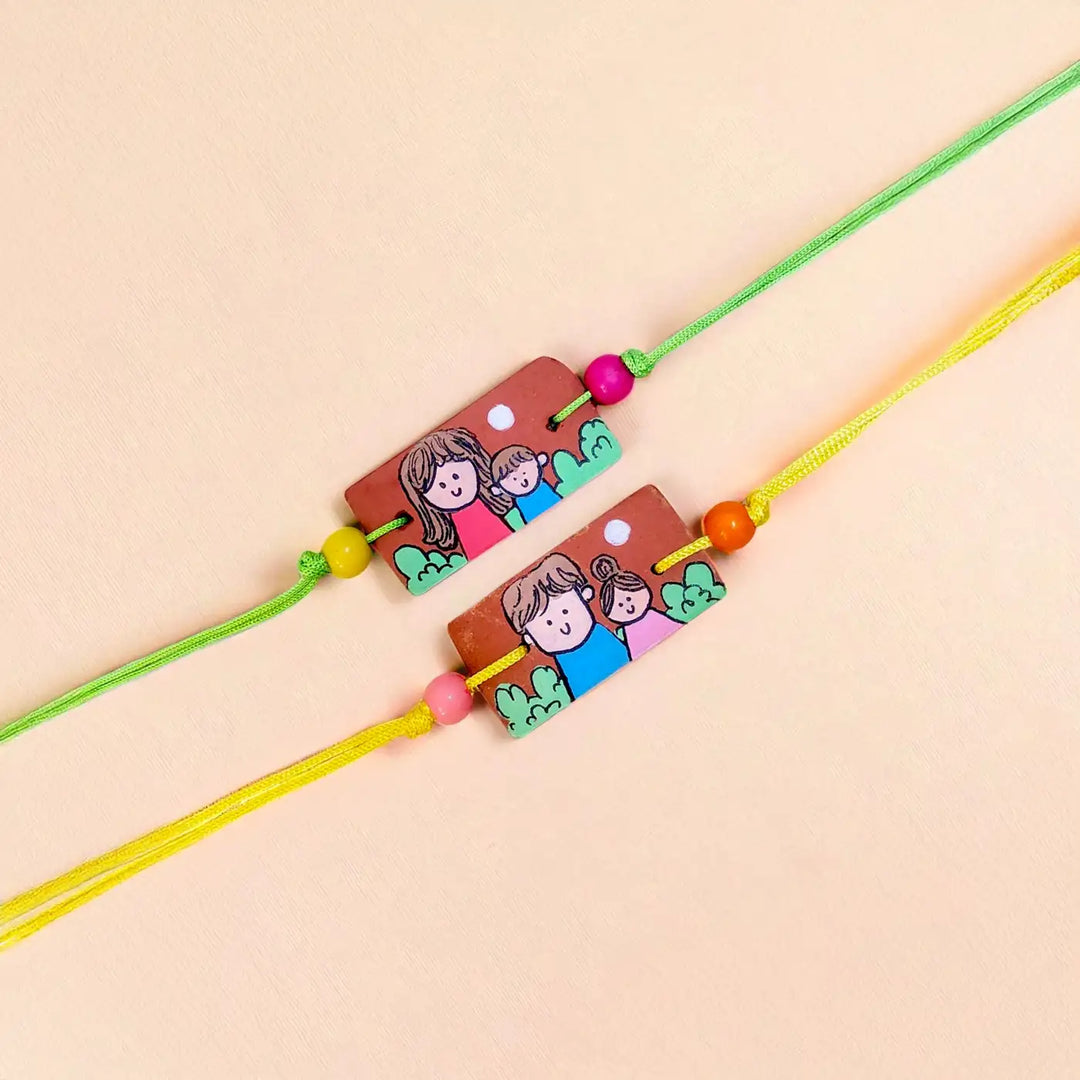 Hand-Painted Siblings Illustration Terracotta Rakhi