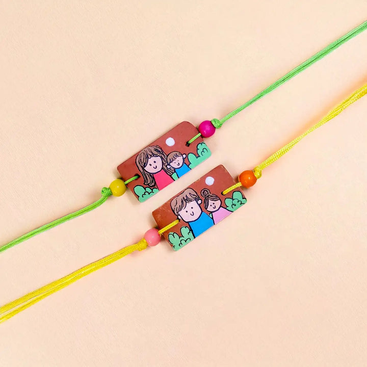 Hand-Painted Siblings Illustration Terracotta Rakhi