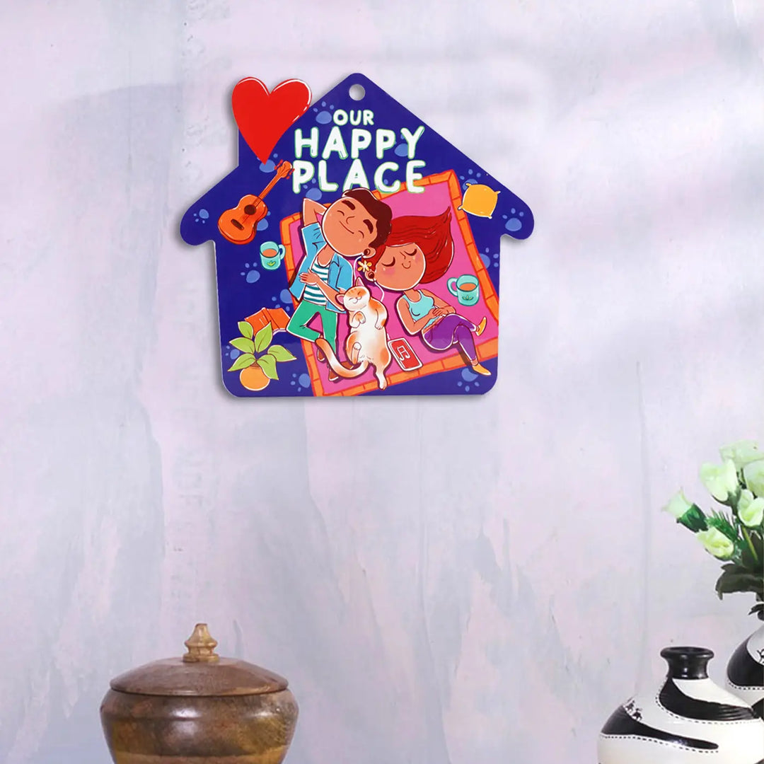 Printed Cat Theme "Our Happy Place" MDF Wood Wall Decor