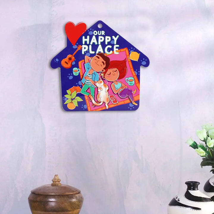 Printed Cat Theme "Our Happy Place" MDF Wood Wall Decor