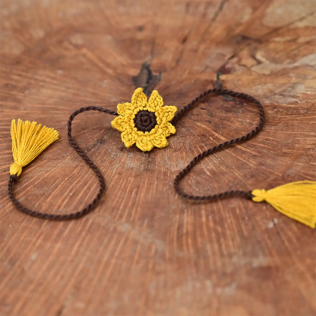 Handmade Crochet Sunflower Theme Kids Rakhi With Roli Chawal