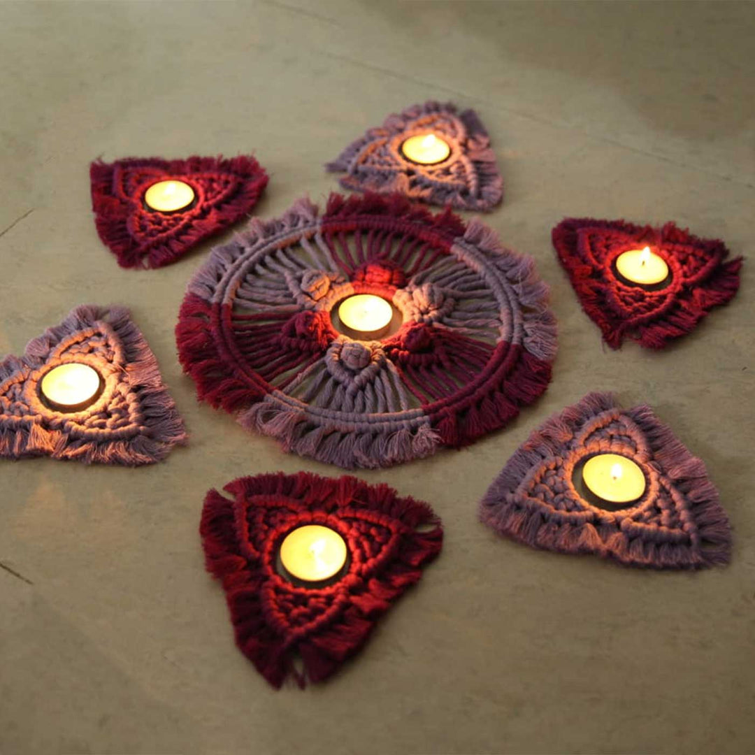 Handmade Macrame Rangoli Design Cotton Tealight Holder | Includes 1 Center Piece, 6 Small Pieces And 10 Tea Light Candles