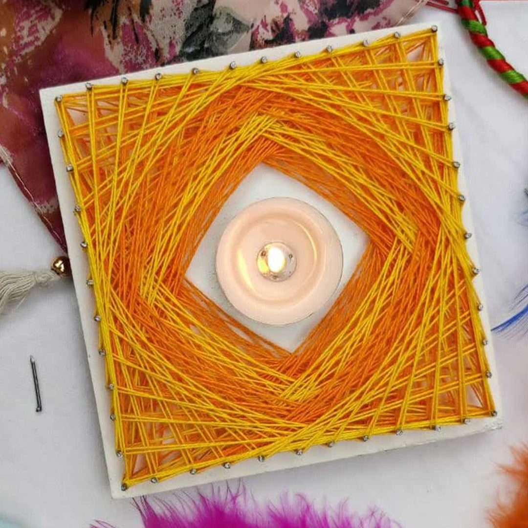 Handmade String Art Sunshine Design Wooden Tealight Holder With Tealight Candle