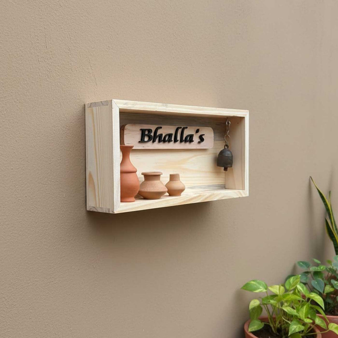 Handcrafted Personalized Shadowbox Pinewood Name Plate With Brown Mini Pots & Copper Bell For Home