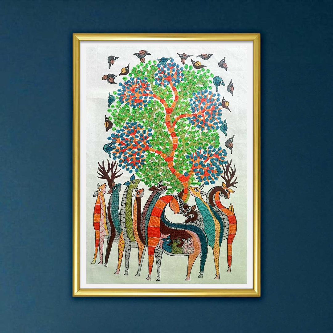 24 x 36 Inch | Giraffes & Tree | Original Hand Painted Tribal Gond Art Painting | Acrylic Paints On Paper
