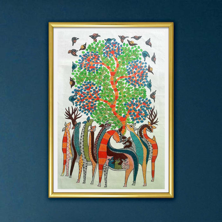 24 x 36 Inch | Giraffes & Tree | Original Hand Painted Tribal Gond Art Painting | Acrylic Paints On Paper