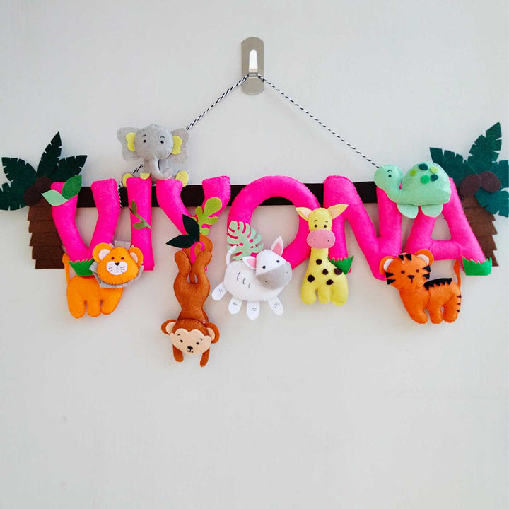 Personalized Pink Jungle Theme Felt Kids Name Plate