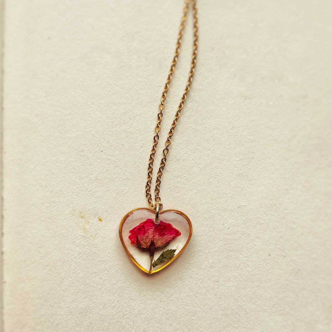 Red Preserved Rose Heart Stainless Steel Necklace