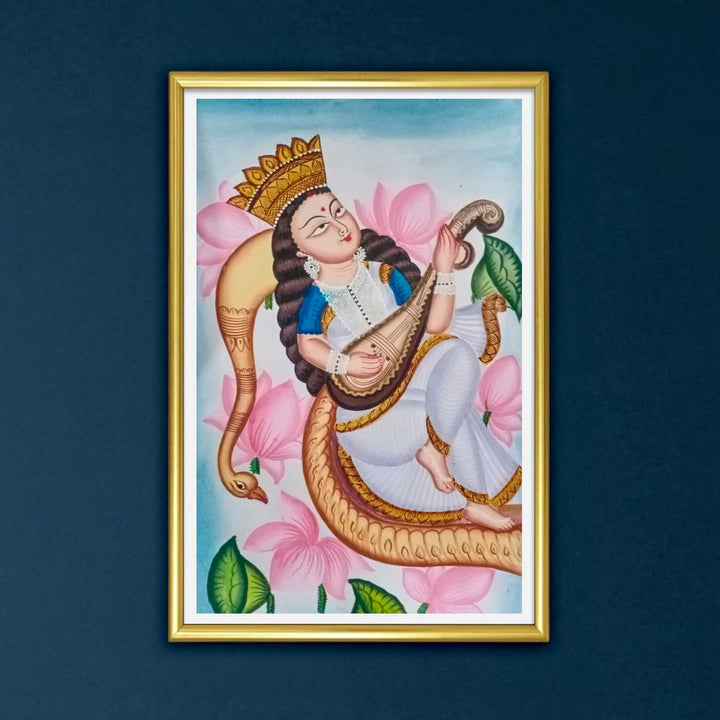 14 x 22 Inch | Veena Vahini | Original Hand Painted Kalighat Painting | Natural Colors On Paper