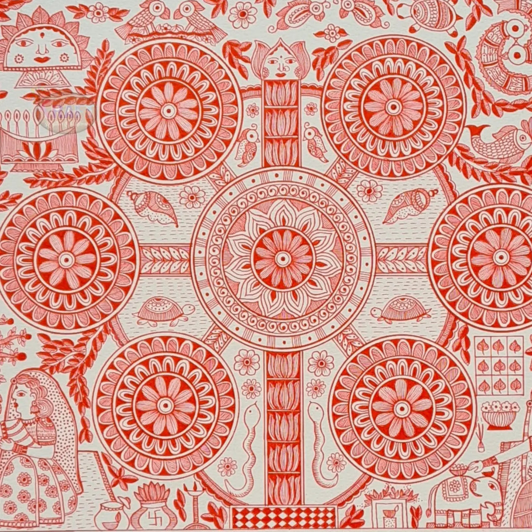 11 x 16 Inch | Harmony in Red | Original Hand Painted Madhubani Painting On Paper