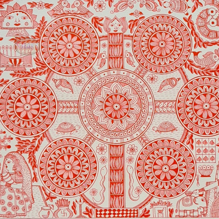 11 x 16 Inch | Harmony in Red | Original Hand Painted Madhubani Painting On Paper