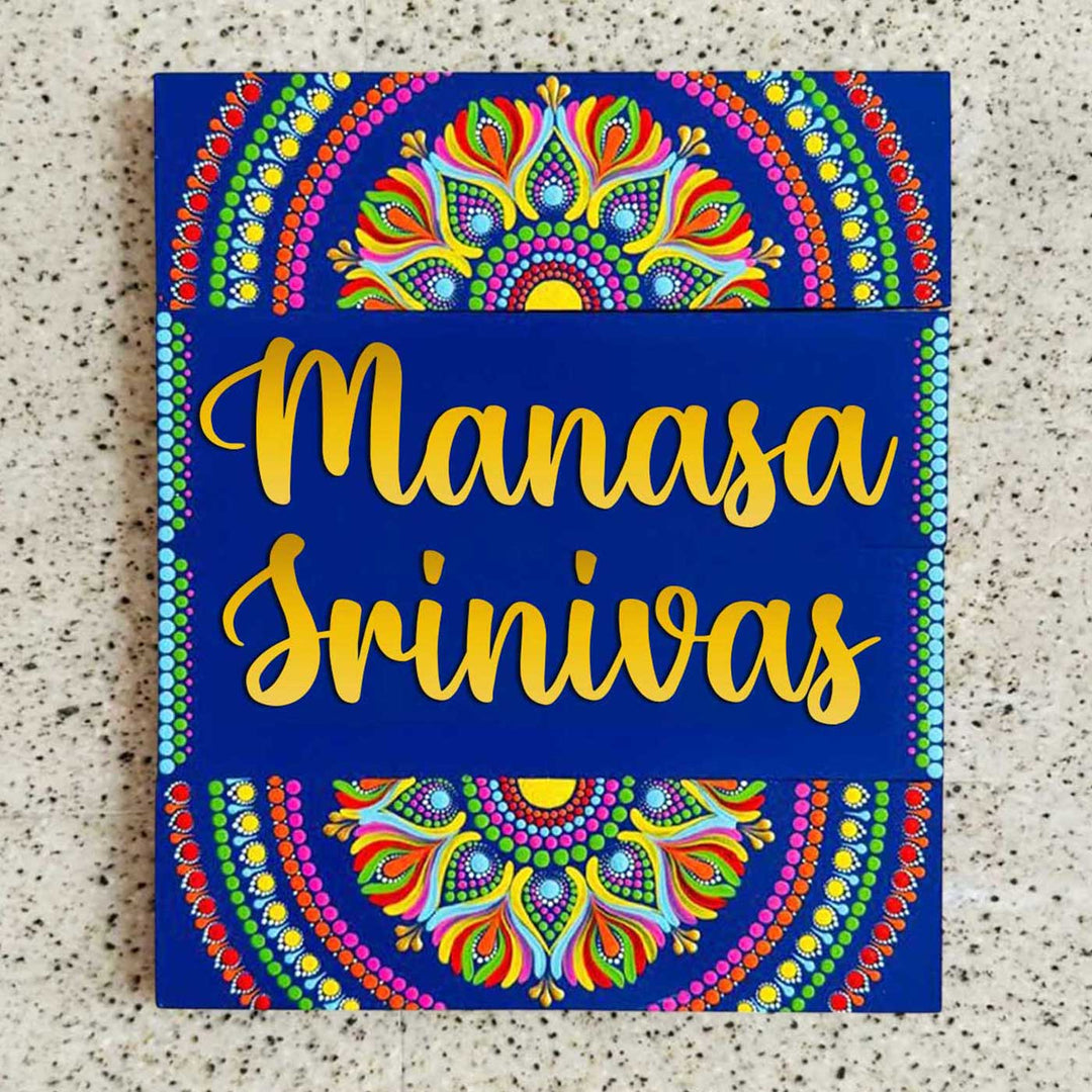 Personalized Hand-Painted Dot Mandala Blue Mdf Wood Name Plate