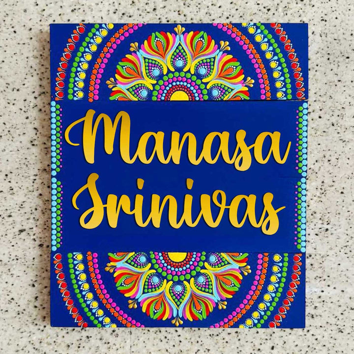 Personalized Hand-Painted Dot Mandala Blue Mdf Wood Name Plate