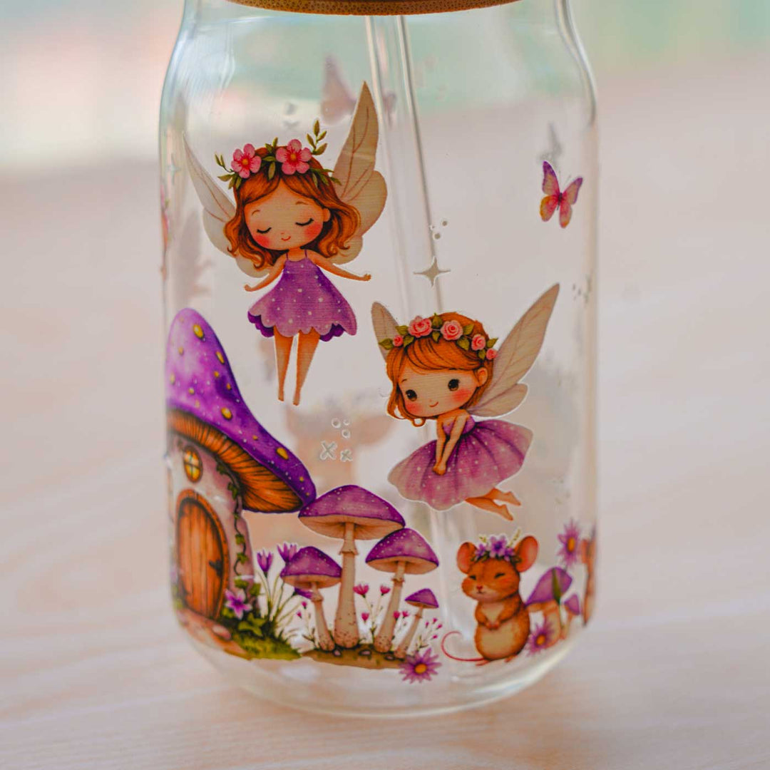 Cute Printed "Fairy" Theme Glass Tumbler With Straw For Kids