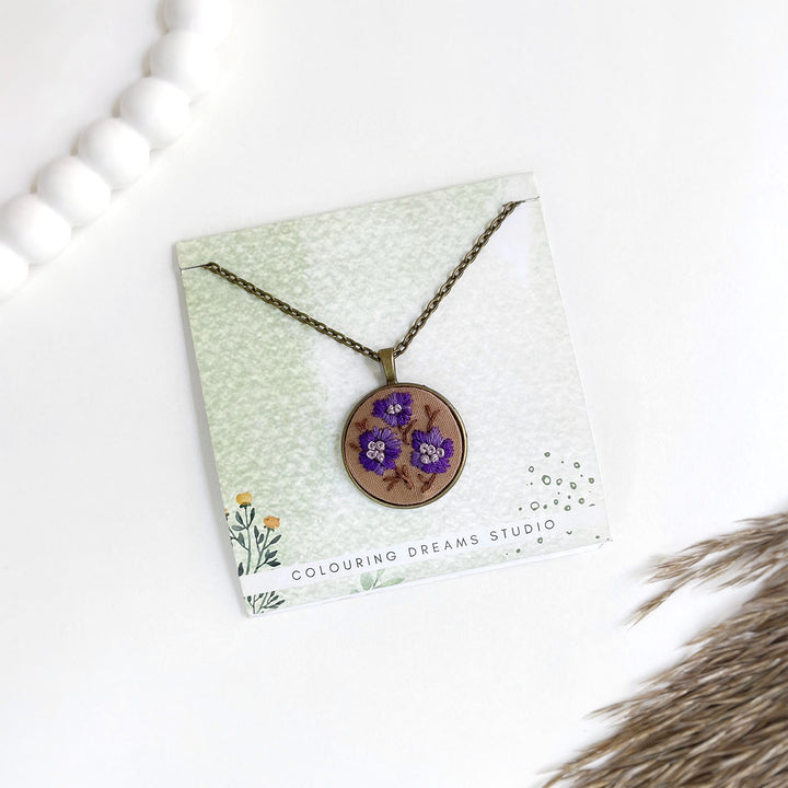 Hand Embroidered Rustic Iris Antique Finish Necklace