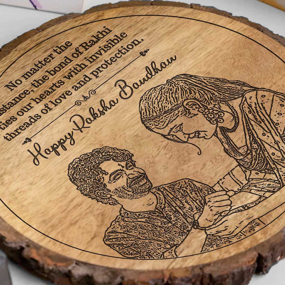 Photo Personalized Engraved Raksha Bandhan Theme Wooden Decorative Plaque Rakhi Hamper Includes 1 Rakhi 1 Plaque 1 Chocolate 1 Card And 1 Rakhi Plate - Engraving Detail Close-up