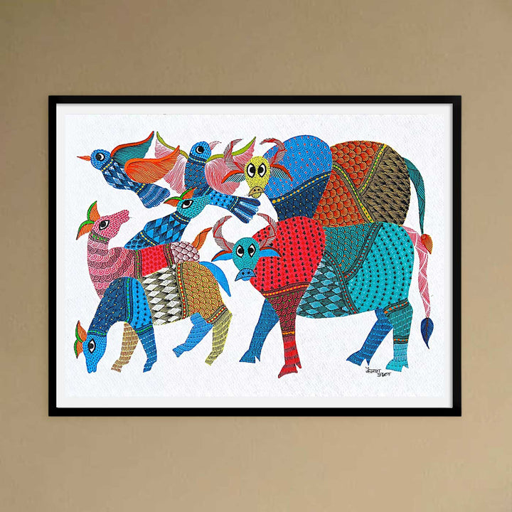 11 x 15 Inch | Colorful Cows and Birds in Harmony | Original Hand painted Tribal Gond Art Painting | Acrylic Paints On Paper