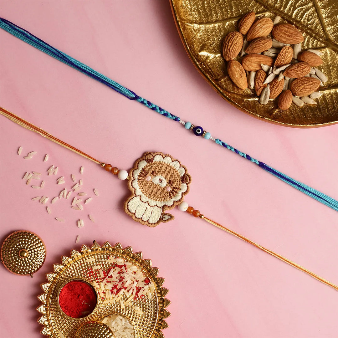 Handmade Lion & Evil Eye Kids Rakhi With Roli Chawal | Set Of 2