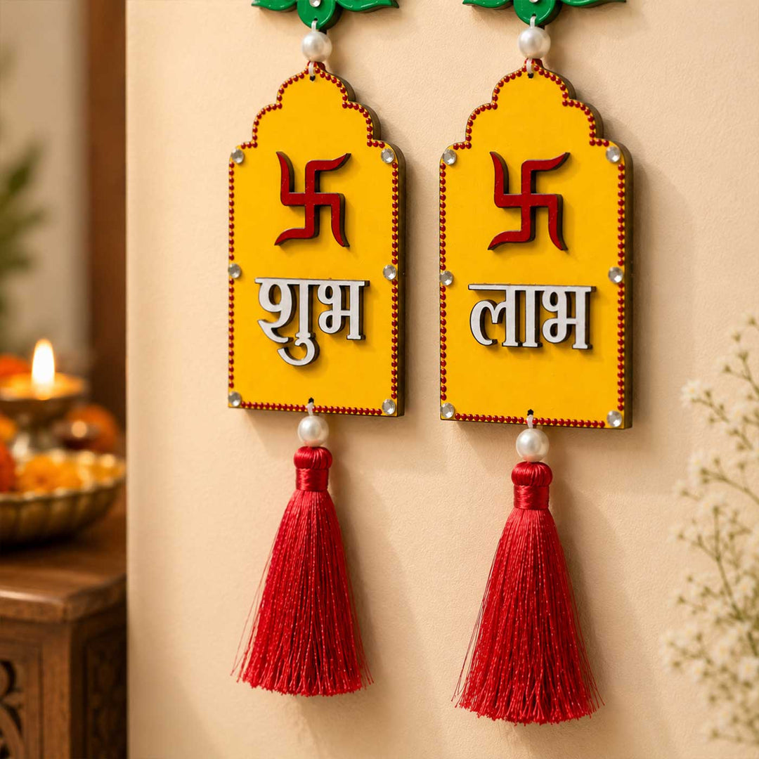 2 Pc | Hand-Painted Mini Jhorkha Lotus Design MDF Shubh Labh Hangings With Tassel