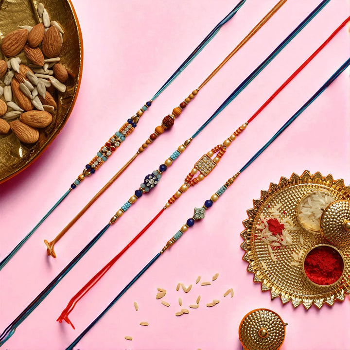 Handmade Beaded Stone Embellished Rakhi With Roli Chawal | Set Of 5