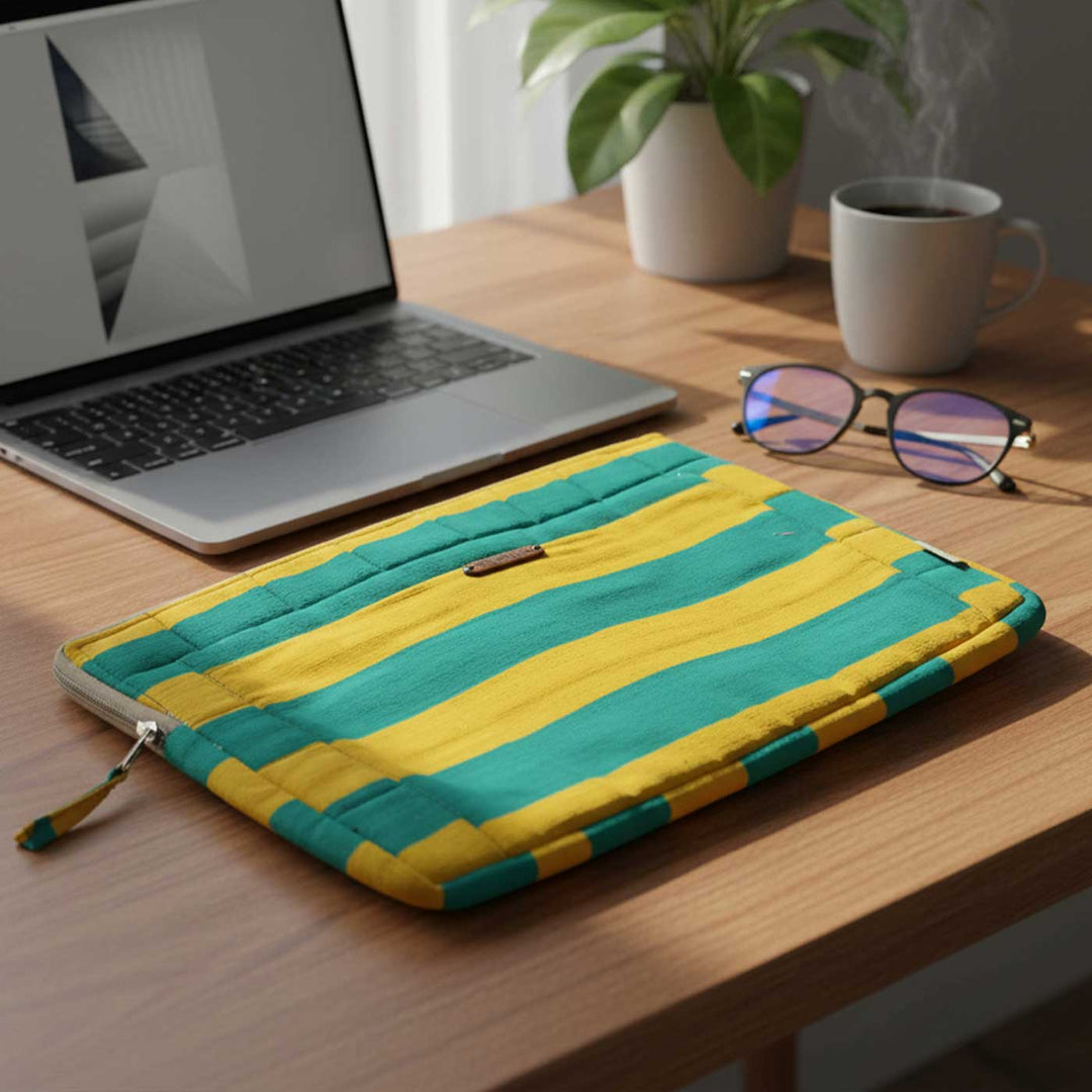 Handmade Sustainable Lemon Yellow Stripes Laptop Sleeve