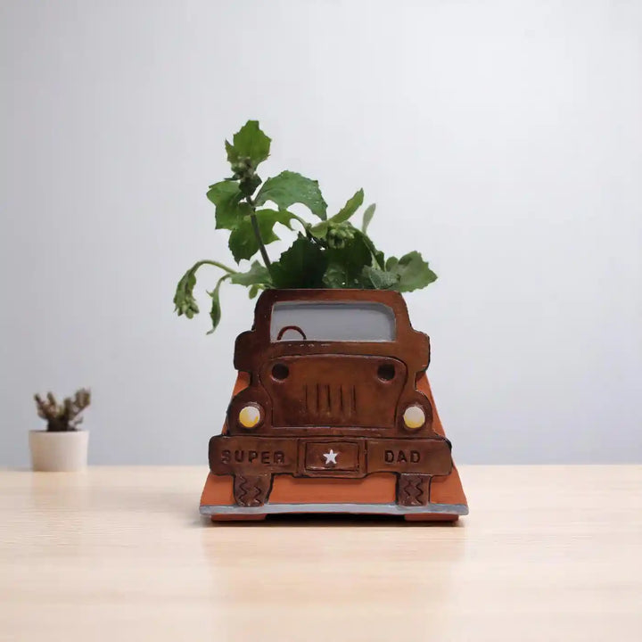 Personalized Hand-Painted Super Dad Car Theme Terracotta Planter