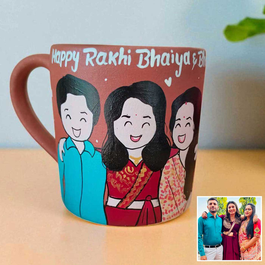 Photo Personalized Hand-Painted Bhaiya And Bhabhi With Sister Terracotta Mug