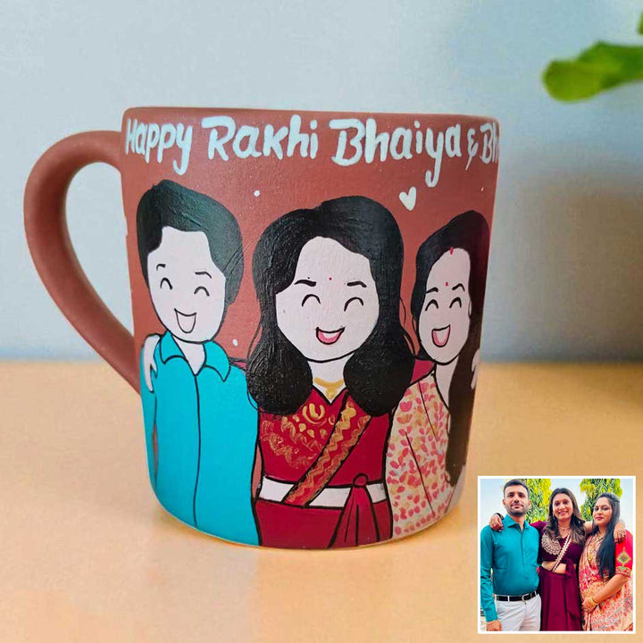 Photo Personalized Hand-Painted Bhaiya And Bhabhi With Sister Terracotta Mug