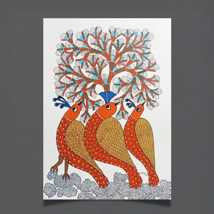 11 x 16 Inch | Birds Trio | Original Hand Painted Tribal Gond Art Painting | Acrylic Paint On Paper
