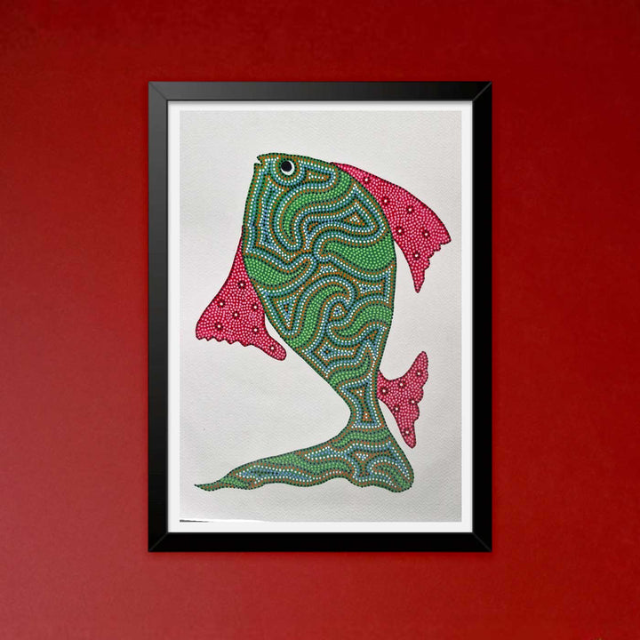 11 x 15 Inch | Green Fish | Original Hand Painted Bhill Painting | Acrylic Paints On Paper