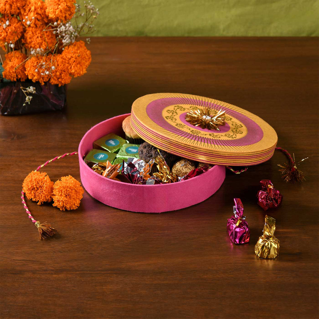 Handmade Pink And Yellow Rakhi Design Paper Gift Box
