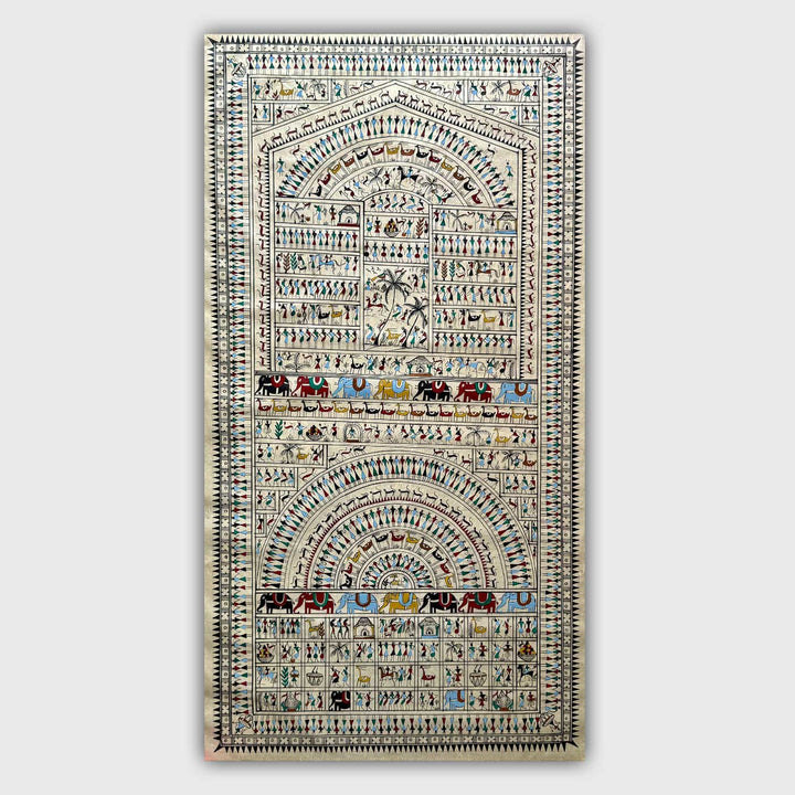 40 X 16 Inch | Handmade Tussar Silk Saura Tribal Art Of Odisha Painting