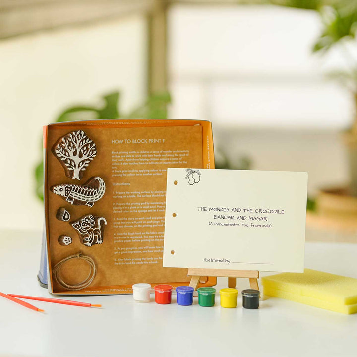 The Monkey and the Crocodile Panchatantra Block Printing DIY Kit | 5 Stamps, Poster Colours, Painting Brush, Printing Pads, Story Cards  And Jute String