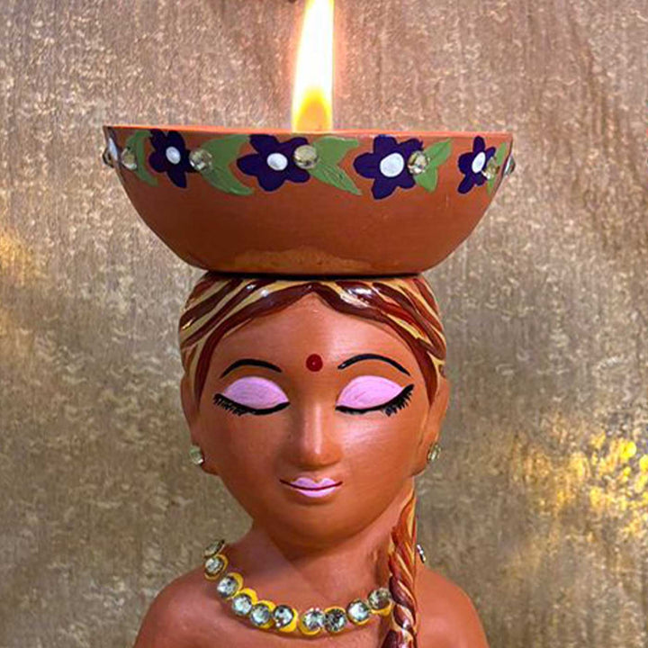 Hand-Painted Relaxing Girl Design Terracotta Tealight Holder | Set Of 2