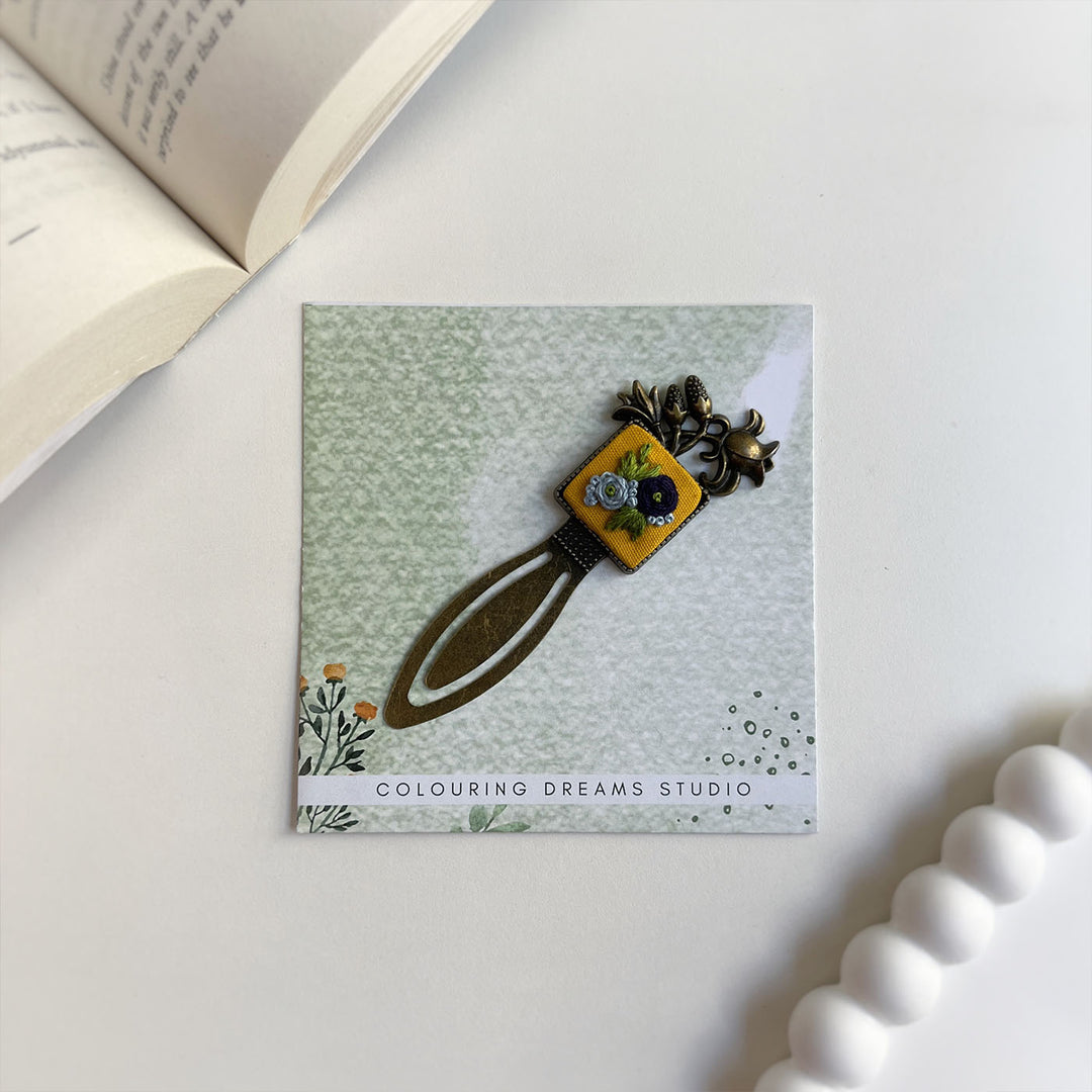 Hand Embroidered Indigo Fleur Bronze Bookmark