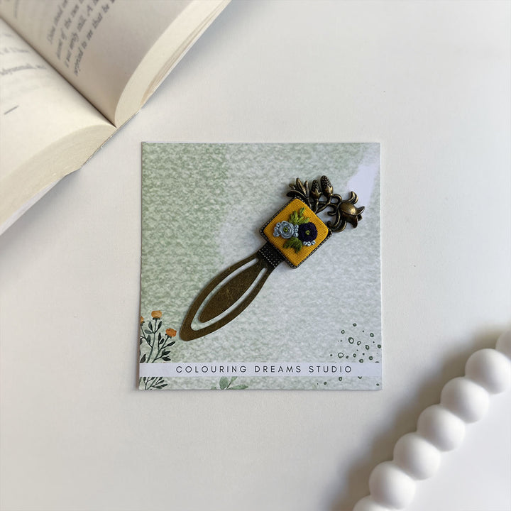Hand Embroidered Indigo Fleur Bronze Bookmark