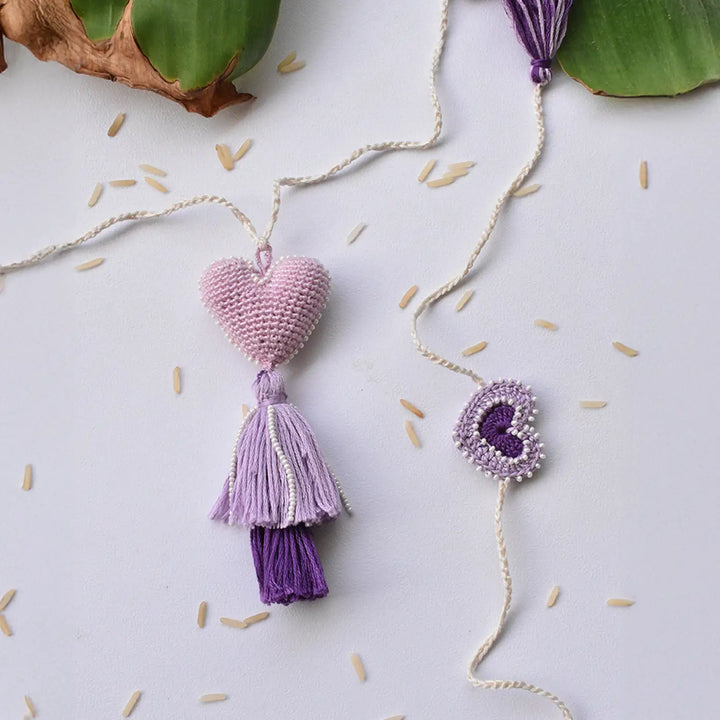 Handmade Crochet Purple Heart Bhaiya Bhabhi Rakhi With Roli Chawal | Set Of 2
