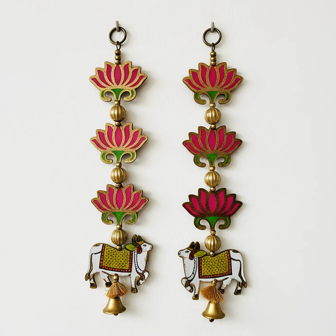 Handmade Pink Lotus & Nandi Hanging With Bell | Set Of 2