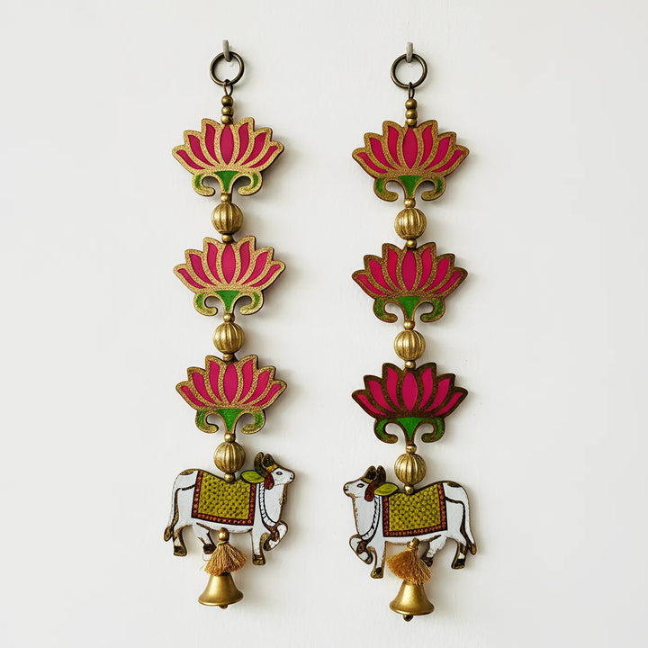 Handmade Pink Lotus & Nandi Hanging With Bell | Set Of 2