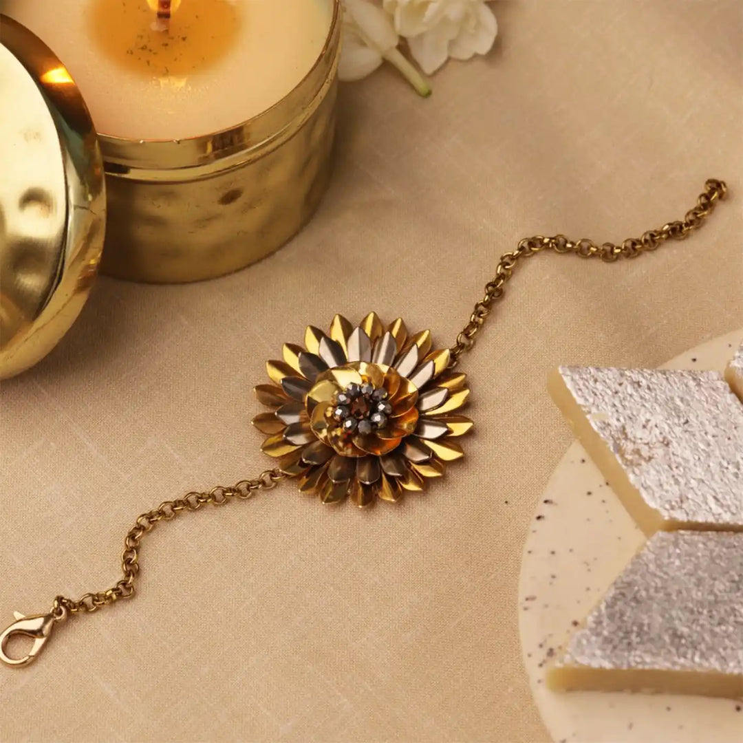 Handmade Blooming Lotus Floral Metal Bracelet Rakhi With Roli Chawal